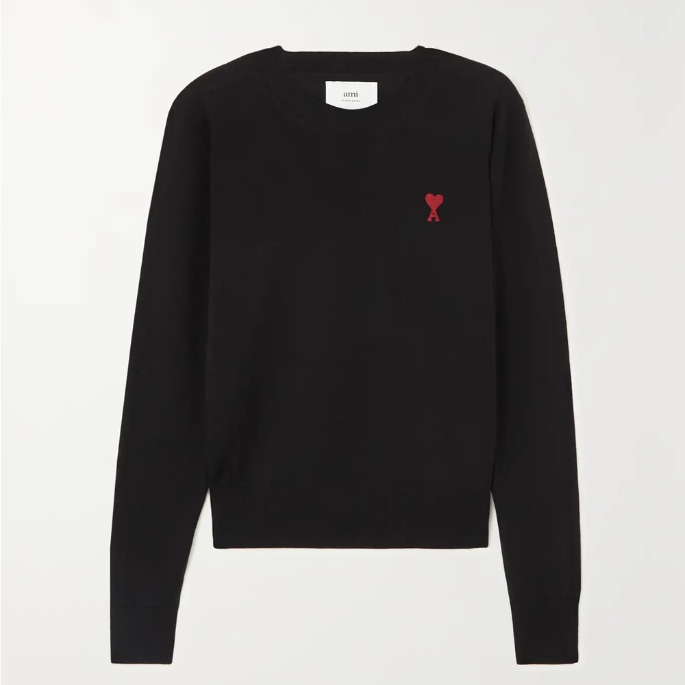 Ami ADC Logo Black Crewneck Crop Merino Wool Sweater